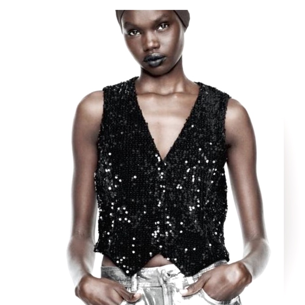 Zara Black Sequin Fitted Vest